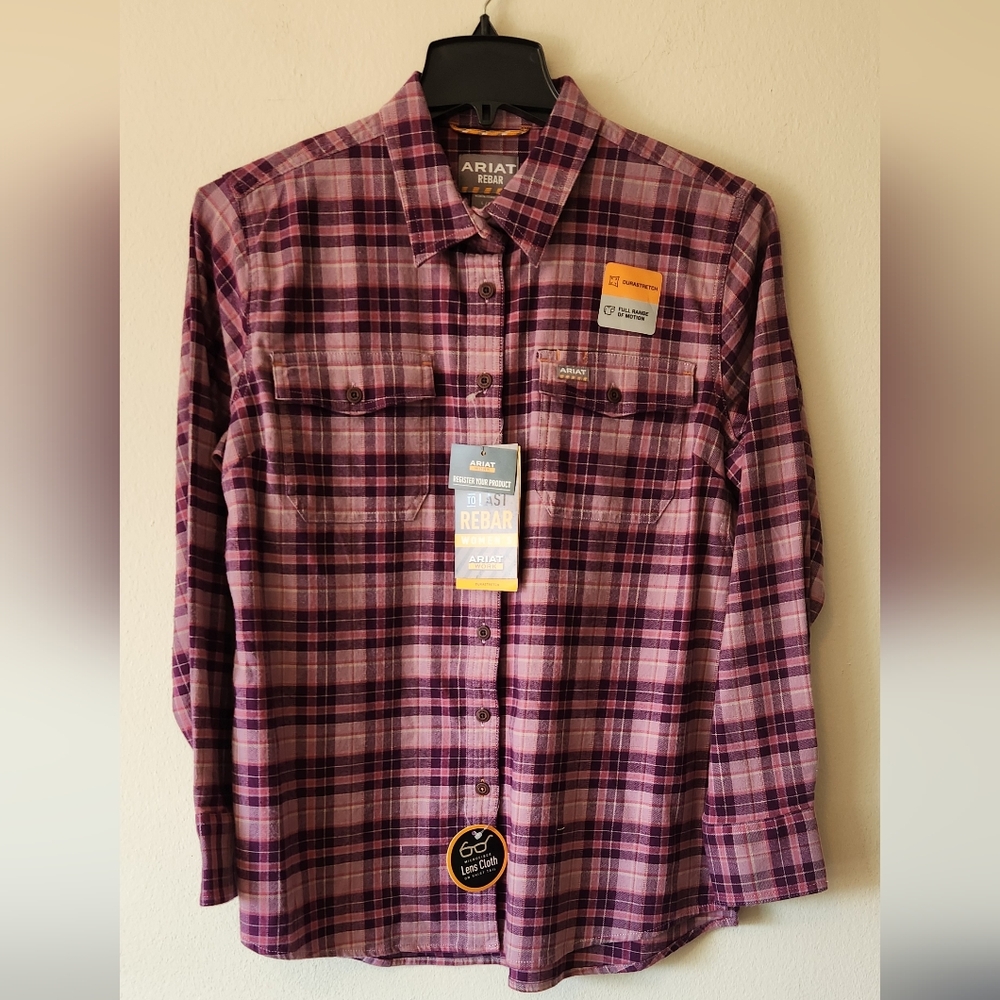 Ariat Rebar Women Purple Plaid Cotton Stretch Button Front Shirt Size Large